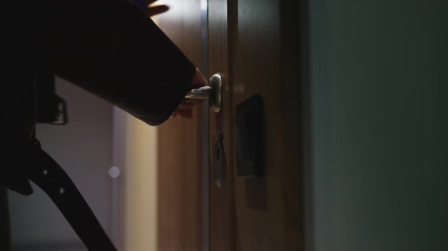Young woman locking the front door with a key before leaving home, daily routine