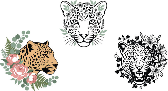 Floral Leopard Head Vector Collection Featuring Botanical Big Cat Portraits with Rose Lily Foliage and Elegant Wildlife Line Art Designs