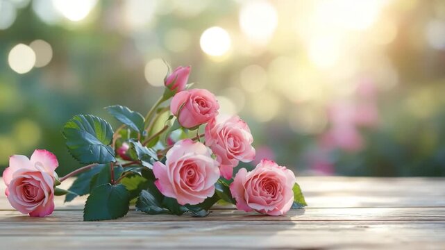 Beautiful bouquet of fresh pink roses resting on a rustic wooden table with a soft garden background