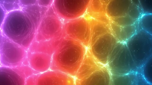 Swirling rainbow-colored plasma field with glowing light particles in a seamless looping animation