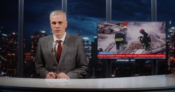 Anchor Reports About Rescue Teams Searching For Collapsed Buildings After Rocket Strike. Live Field Footage of Firefighters and Emergency Workers Helping Wounded People and Removing Dangerous Rubble.