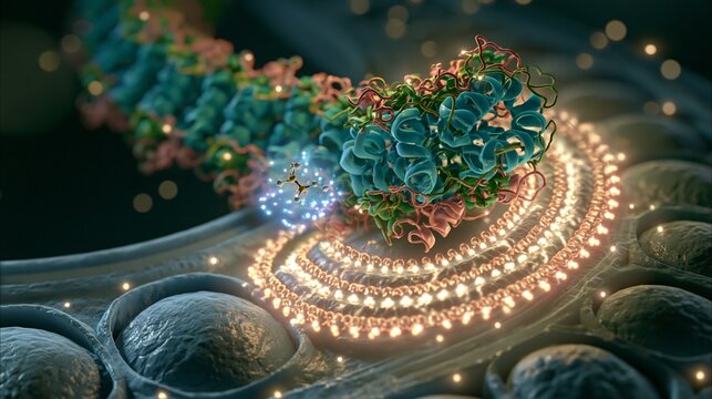 Detailed cell-biology render of a TDP-43 protein ribbon near a mitochondrion cross-section, with a small-molecule inhibitor docking at the M1 sequence region, glowing membrane layers, and structural