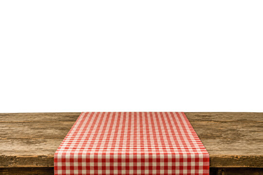 Weathered Wood Table With Red Gingham Runner