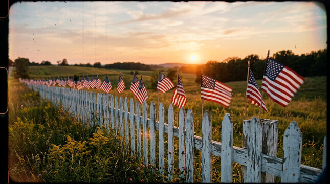 American Independence Day fence lined with miniature flags in dreamy vintage film