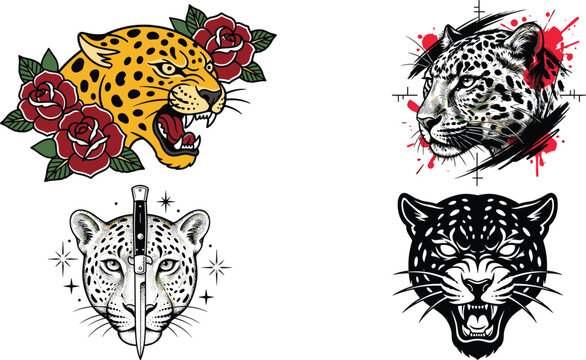 Leopard Tattoo Design Collection Featuring Roaring Big Cat Heads with Roses Dagger Ink Splash and Vintage Engraving Style Vector Illustrations