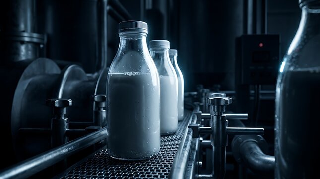 Glass milk bottles moving on a conveyor belt in a modern dairy processing factory