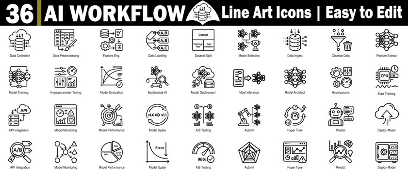 AI workflow line art icons. Representing steps on a transparent background vector illustration.