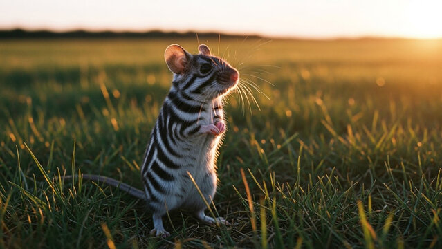 Striped mouse standing upright in a field at sunset with sunlight highlighting its fur and facial features clearly visible