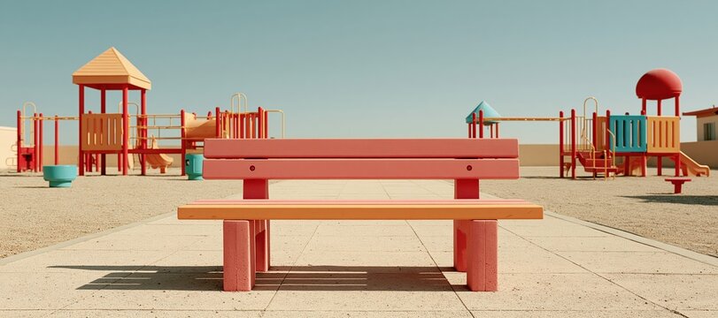 Schoolyard supervision bench and colorful play equipment in open safe playground