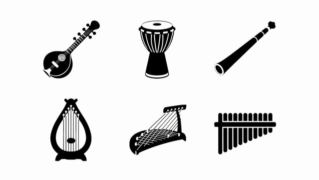 Collection of Traditional Musical Instruments Icons: Sitar, Djembe, Flute, Lyre, Koto, Panpipes