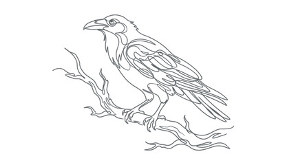 Obraz premium A detailed line art illustration of a raven perched on a gnarled tree branch.