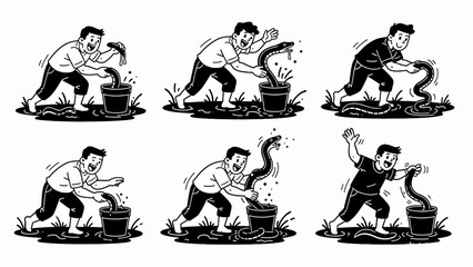 Obraz premium Man Pulling Eel From Bucket, Funny Comic Illustration, Dynamic Action
