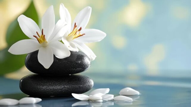 Black basalt stones and a white flower reflecting in the water creating a tranquil spa atmosphere