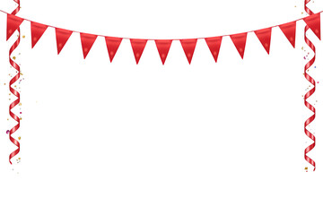 Fototapeta premium Red bunting flags and wavy streamers decorating for a celebration party with confetti, transparent background