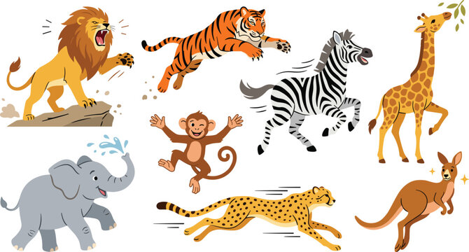 Wild Safari Animal Cartoon Set with Lion, Tiger, Zebra, Giraffe, Elephant, Monkey, Cheetah, and Kangaroo in Action Poses