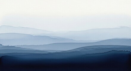 Fototapeta premium Abstract Blue Watercolor Landscape with Misty Mountain Layers for Minimalist Background Design