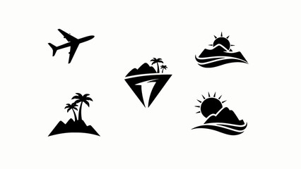 Obraz premium Travel Icons Set: Airplane, Mountains, Palm Trees, Sun, Waves, Abstract Shape