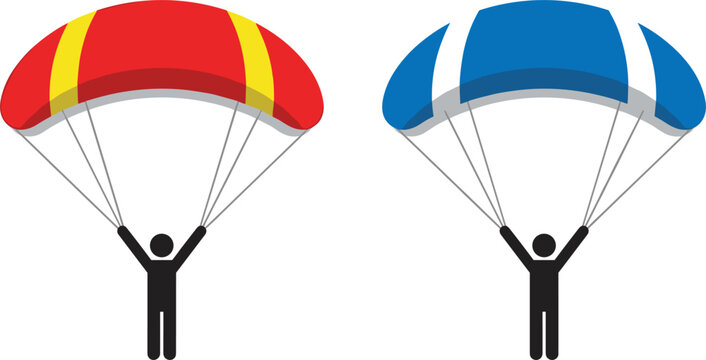 Two paragliding stick figures skydiving in air with colorful red yellow and blue white parachutes vector illustration
