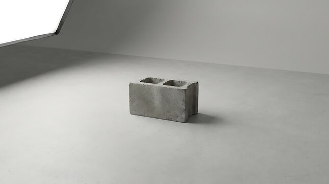 A single grey cinderblock placed centrally on a smooth concrete floor in a minimalist studio environment with soft natural lighting and neutral tones