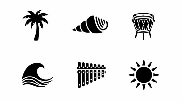 Tropical Beach Icons: Palm Tree, Seashell, Drum, Wave, Music, Sun Silhouette