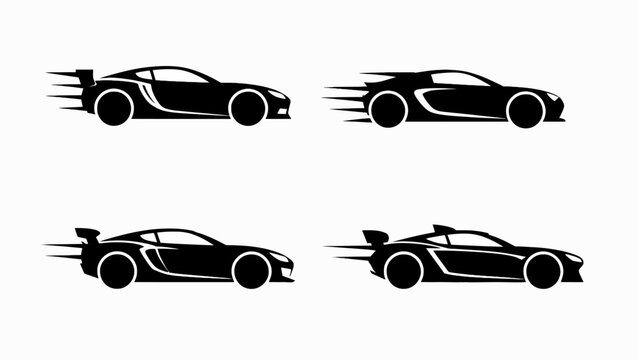 Set of 4 black sports car silhouettes moving fast, motion blur effect, isolated on white background