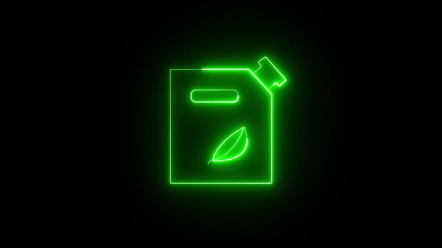 Neon biofuel can leaves icon sign animation on the black background. 4K motion graphics animation.