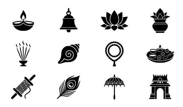 Hinduism and Indian Culture Icon Set featuring Diya, Kalash, Lotus, Conch Shell, and Traditional Puja Ritual Symbols for Diwali Festivals Vector
