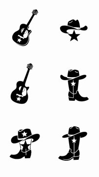 Country Music Icons: Guitar, Cowboy Hat, and Boots with Stars - Vector Silhouettes