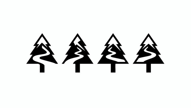 Four stylized evergreen trees with winding paths inside, black and white graphic illustration