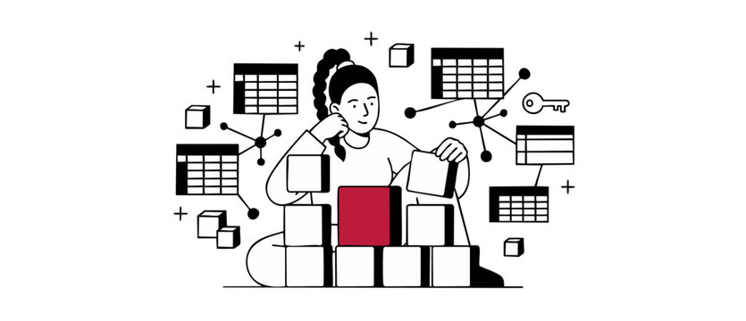 Database Developer Designing Data Architecture model with structured database tables, woman building information system blocks, coding and organizing network data vector illustration.