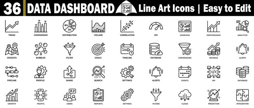 Data dashboard line art icons set. Showing statistics, graphs, charts, analytics, performance, and business visualization. vector illustration.