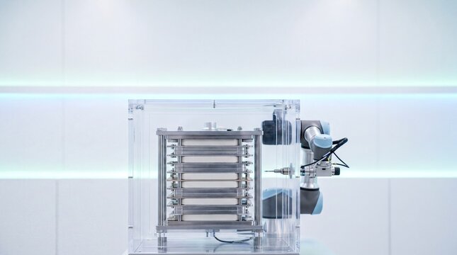 energy storage solutions, a vertical arrangement of next-gen solid-state battery cells in a lab setting