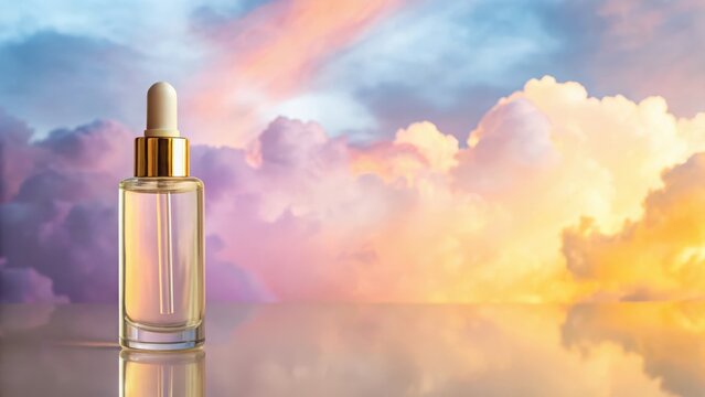 Glass bottle of cosmetic serum with gold cap and dropper against a colorful sky