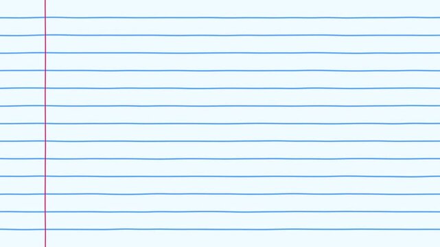 Lined, notebook, paper, background, animation, hand, drawn, blue, lines, red, margin, stop, motion, graphic, educational, school, supplies, writing, texture, loop, 4k, video.
