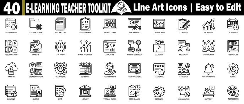 E-learning teacher toolkit line art icons. Modern education symbols, easy-to-edit vector illustration. vector illustration.