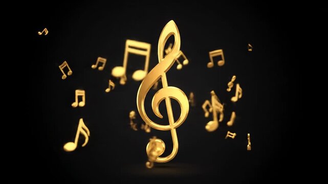 Golden treble clef with notes floating on a black background