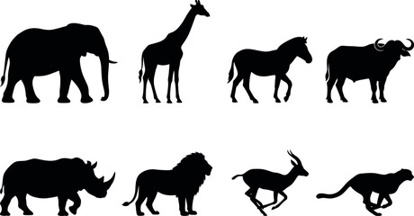 Fototapeta premium Black Silhouette Icons of African Wildlife Animals Including Elephant Giraffe Lion and Cheetah