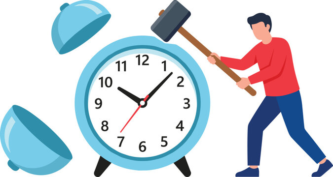 Man smashing big alarm clock with hammer trying to stop time or morning stress vector flat illustration
