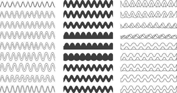 Collection of wavy lines and zigzag patterns in black and white vector illustration