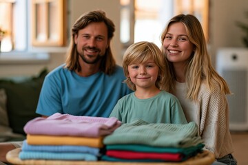 Obraz premium Family Folding Clean Laundry in Bright Living Room with Open Windows