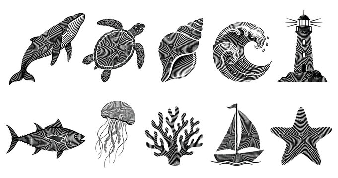 Fingerprint marine life and ocean elements set