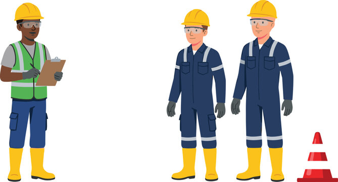 Industrial construction workers set with supervisor holding clipboard and mechanics wearing blue overalls vector flat illustration