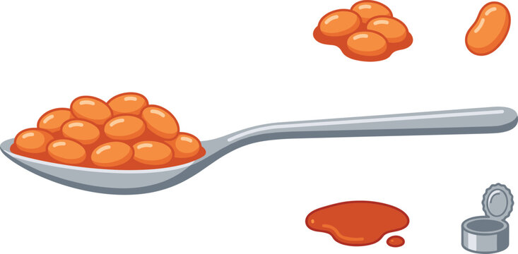 Breakfast food illustration collection with savory baked beans in tomato sauce on metallic tablespoon isolated on clean white background