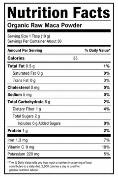 nutrition facts label image for organic raw maca powder