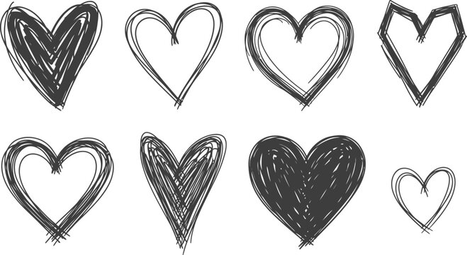 Collection of hand drawn hearts in various styles on a white background