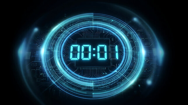 Digital Countdown Clock With Glowing Neon Futuristic Circular Interface Elements On Dark Background