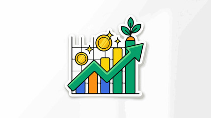 Fototapeta premium Upward trending bar graph with coins and plant
