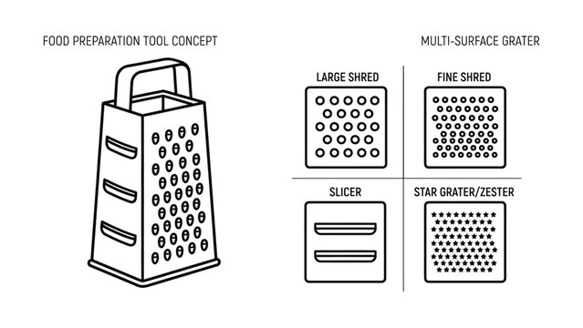 Hand Drawn Illustration of a Multi Surface Kitchen Grater Food Preparation Tool Concept.