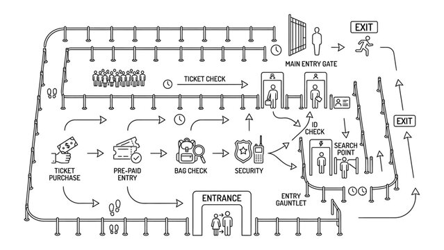 Illustrated flow chart of event venue entrance security and ticketing process.