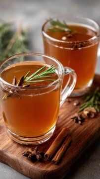 Hot apple cider with cinnamon and star anise on rustic background in glass mug. Homemade Apple Cider with Spices. concept of autumn beverage